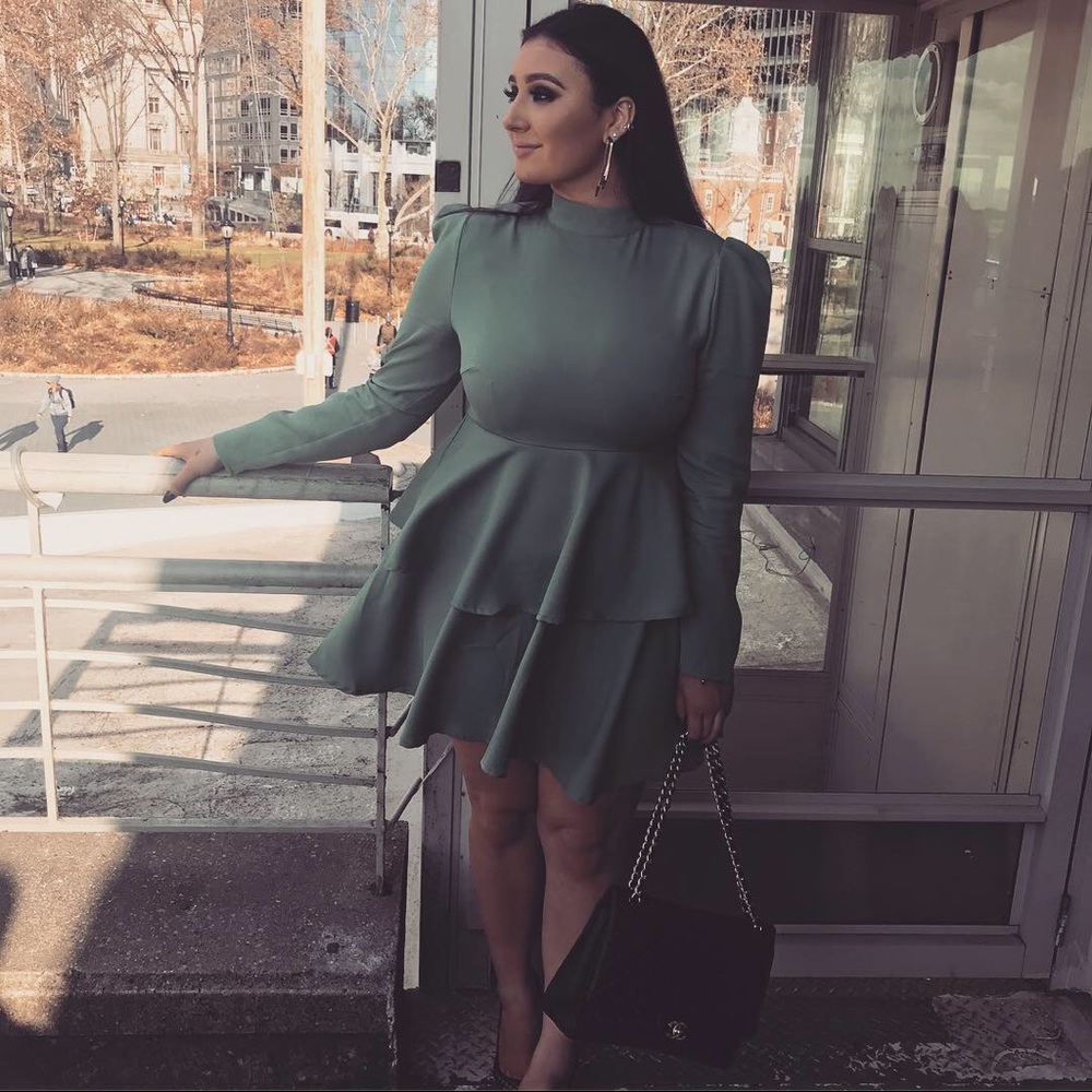 Green high neck Tiered Skater Dress